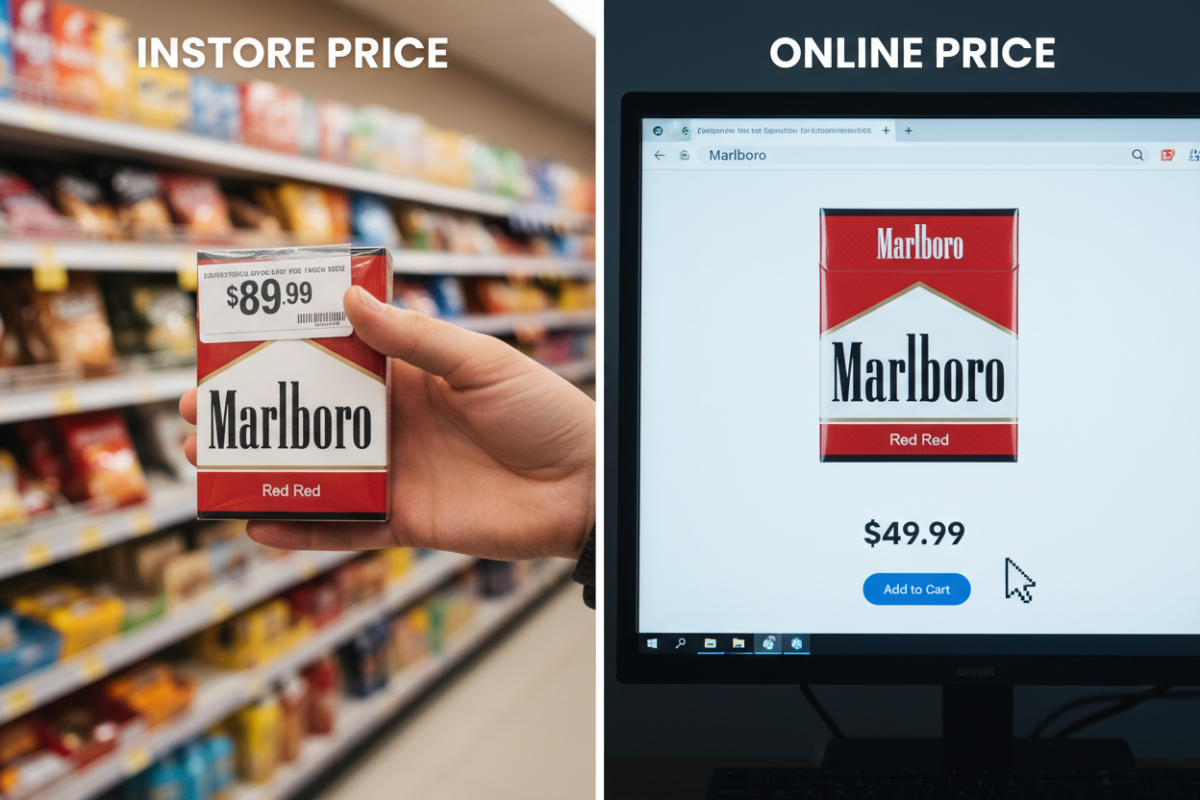 A split-screen image comparing the higher in-store price to the lower price when you buy a cigarette carton online.