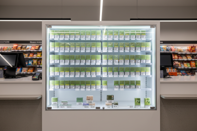 A brightly lit cigarette cabinet behind the counter of a modern Australian retail store, representing in-store cigarette prices.