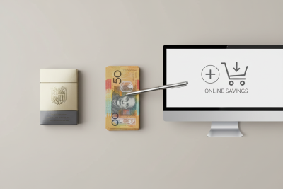 A conceptual image showing money saved by comparing the price of a cigarette pack to buying online, symbolizing cheap tobacco online.