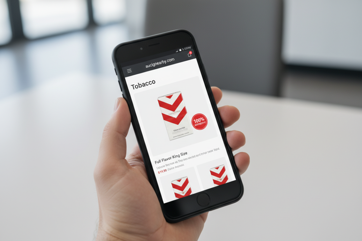 A phone screen showing a trustworthy online store with an authenticity guarantee, a safe place to find cheap tobacco online.