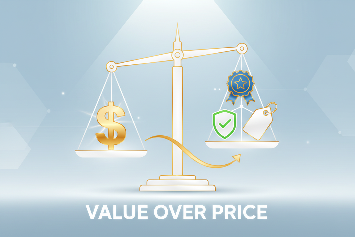 A balanced scale showing that the true value of affordable tobacco is a combination of price, quality, and authenticity.