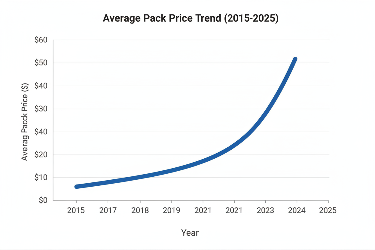 A line graph charting the steep increase in Australian cigarette prices from 2015 to 2025.