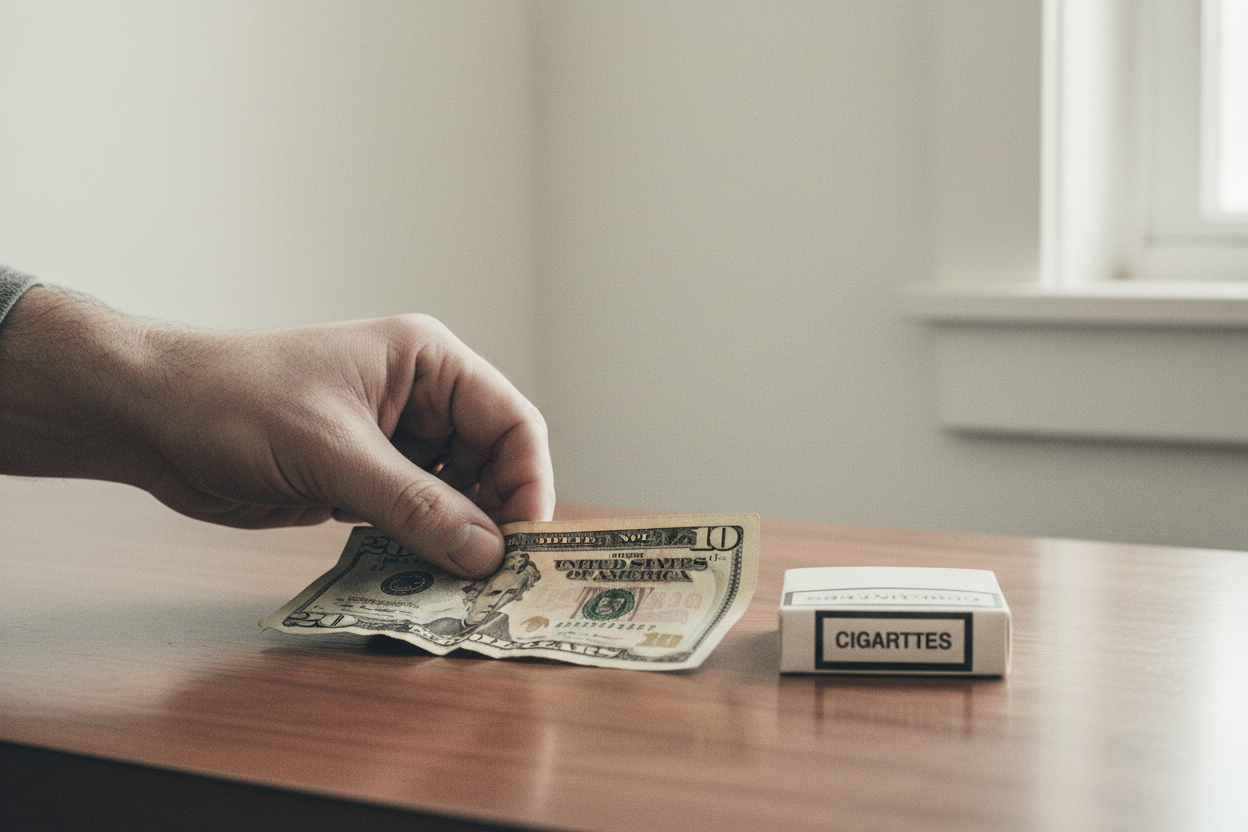 A person paying for a pack of cigarettes with cash in 2015, illustrating the lower historical cigarette prices in Australia.