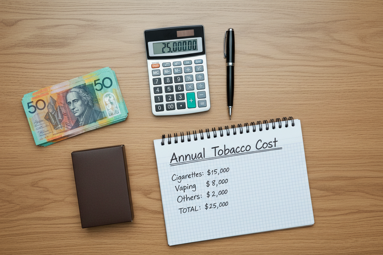 A calculator, Australian cash, and a notepad showing a tobacco budget, representing an annual smoking cost calculator.
