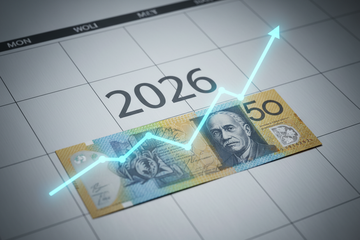 A financial graph trending upwards over an Australian fifty dollar note and a 2026 calendar, symbolizing future cigarette prices in Australia.
