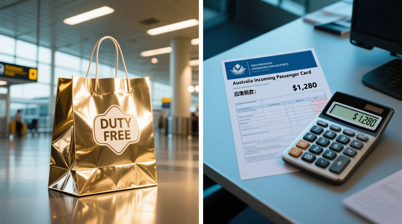 A split image comparing a duty-free shopping bag to a calculator and an Australian customs declaration form.