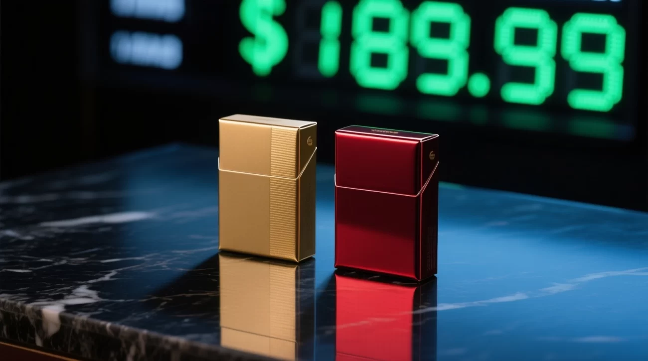 A conceptual image showing a red and a gold cigarette pack next to a price ticker, representing the Marlboro price Australia wide.