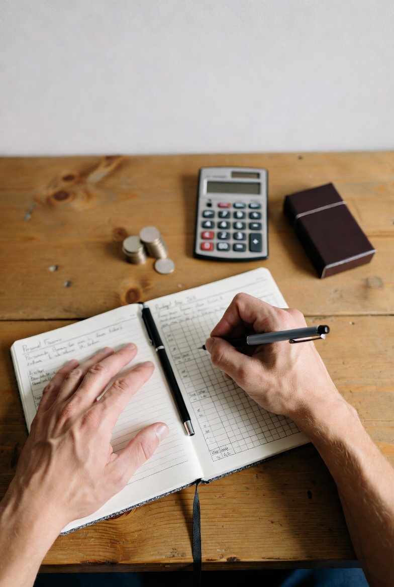 A person calculating their tobacco budget with a notebook, calculator, and a cigarette pack.