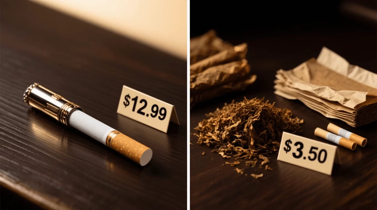 A split comparison showing a factory-made cigarette versus loose rolling tobacco, papers, and filters to illustrate the cost difference.