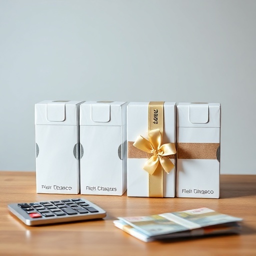 Six plain-packaged cigarette cartons with one marked as free, next to a calculator, illustrating buy bulk and save tobacco deals.