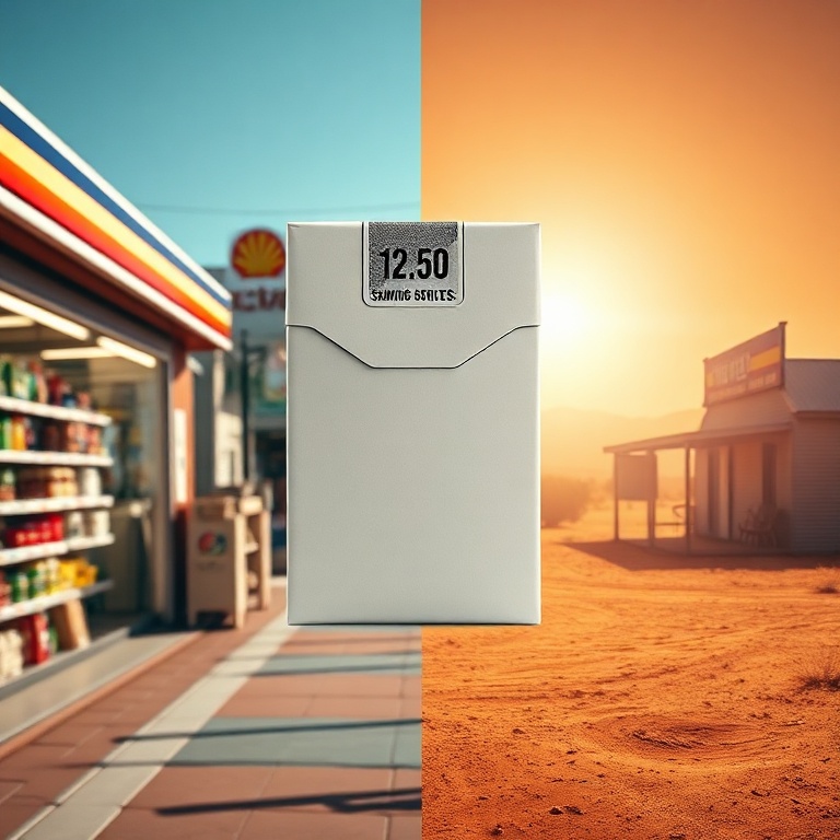 A split image comparing a city convenience store to a remote outback roadhouse, highlighting the high regional cigarette prices.
