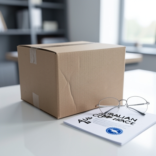 A plain shipping box next to compliance documents, representing the legal requirements to post tobacco within Australia.
