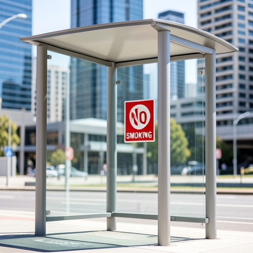 A No Smoking sign at an Australian bus stop, representing common public smoking laws.